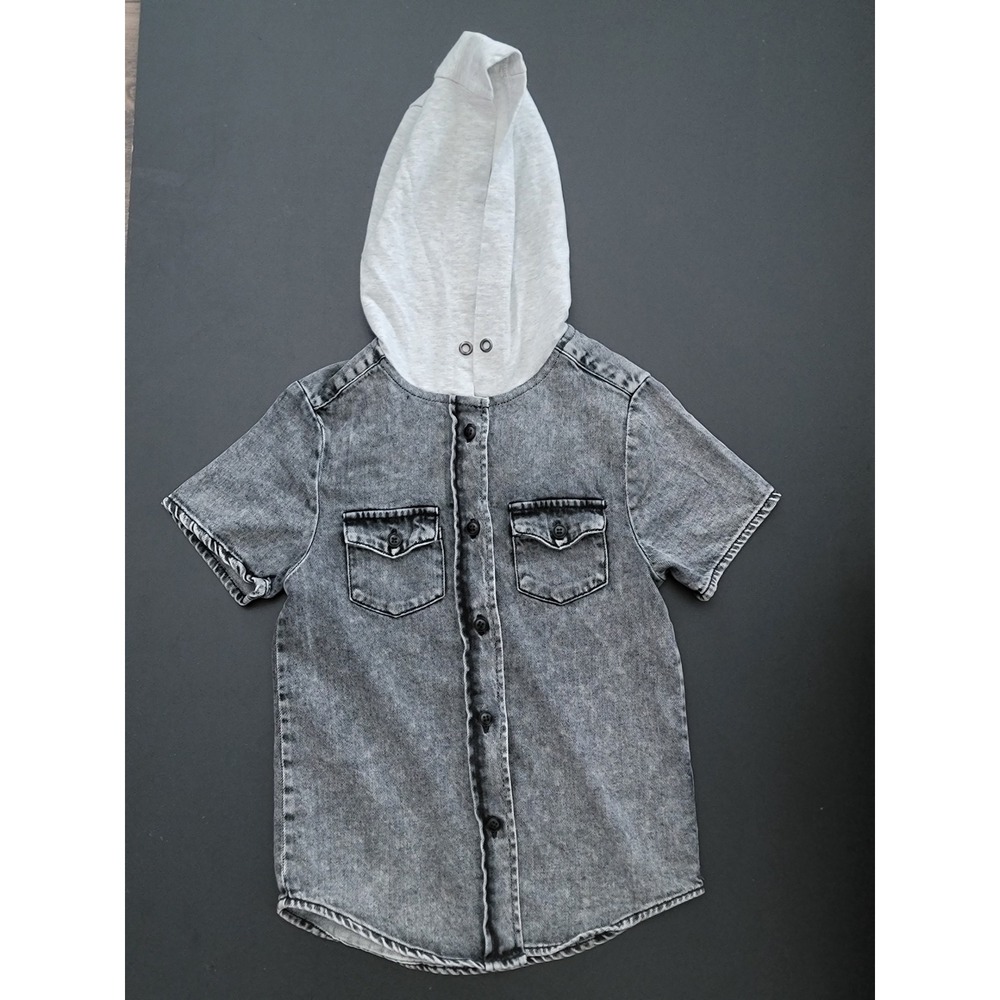 Lenox James Boys Acid Wash Grey‎ Denim Short Sleeve Hooded Button Down Shirt 5T
